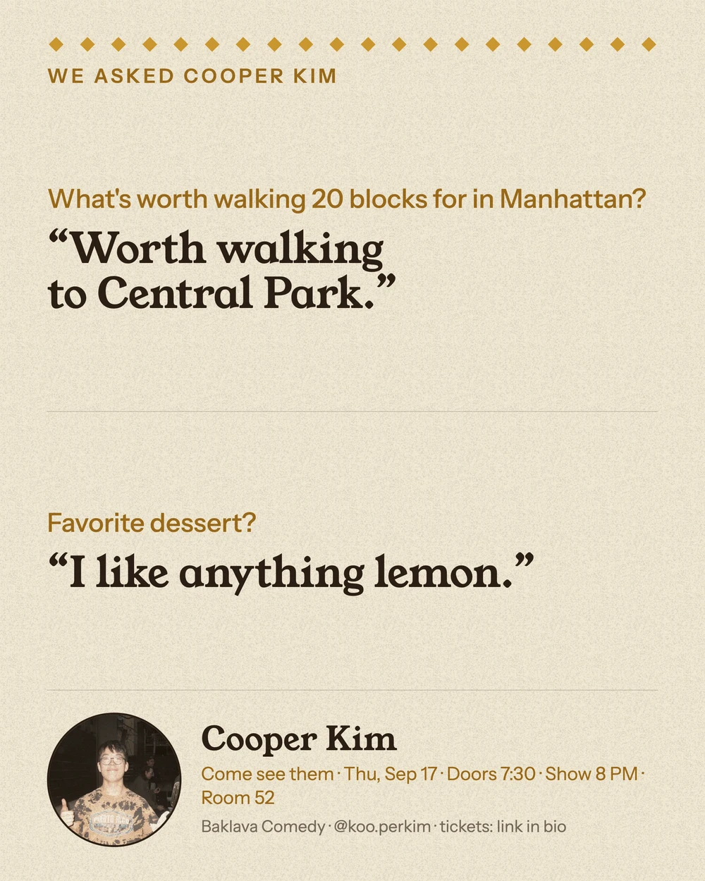 Baklava Comedy Q&A card with Cooper Kim; full transcript below.