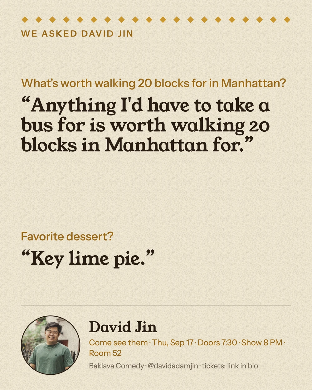 Baklava Comedy Q&A card with David Jin; full transcript below.
