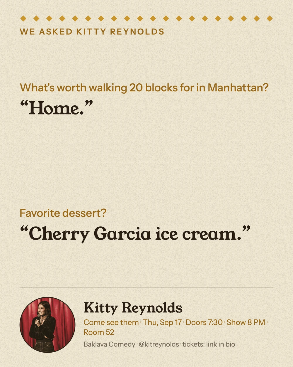 Baklava Comedy Q&A card with Kitty Reynolds; full transcript below.